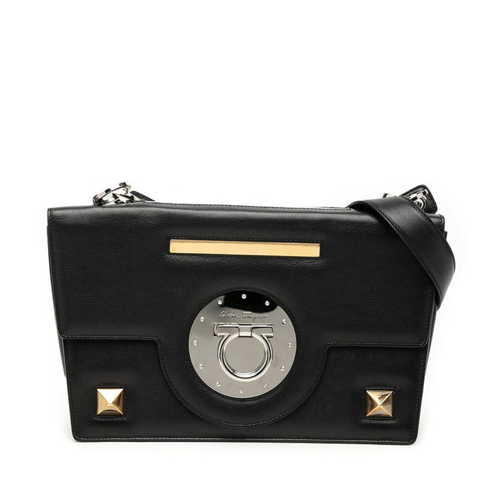 Salvatore Ferragamo Gancini Shoulder Bag Hobo Handbag Black Leather